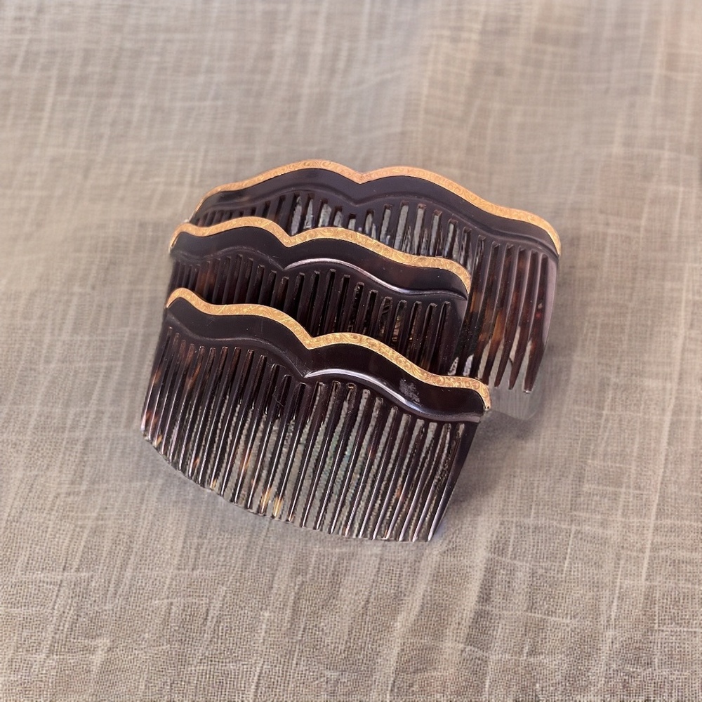 Set of 3 14k antique gold trimmed hair combs. Bridal heirloom stunning for updo